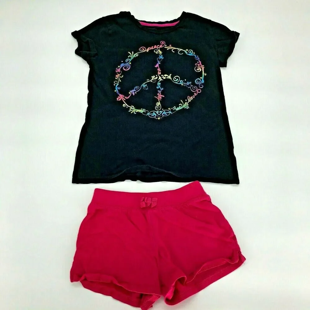 Children’s Place Circo Girls Shirt Shorts Outfit Peace Sign Drawstring Sz L